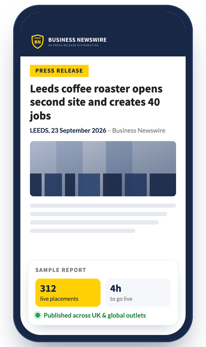 A sample Business Newswire press release on a phone, with its distribution report